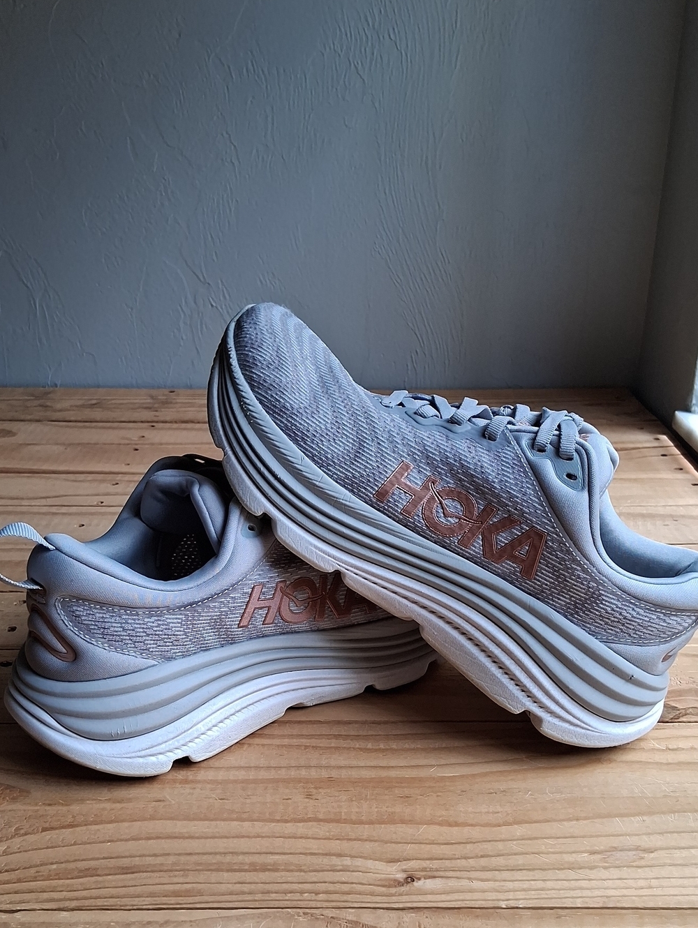 Hoka Gaviota 5 Light Gray with Rose Gold Logo Running Sneakers Womens Size 8